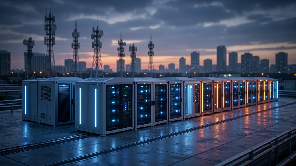 Modular edge computing server pods with 5G towers against a city skyline at dusk