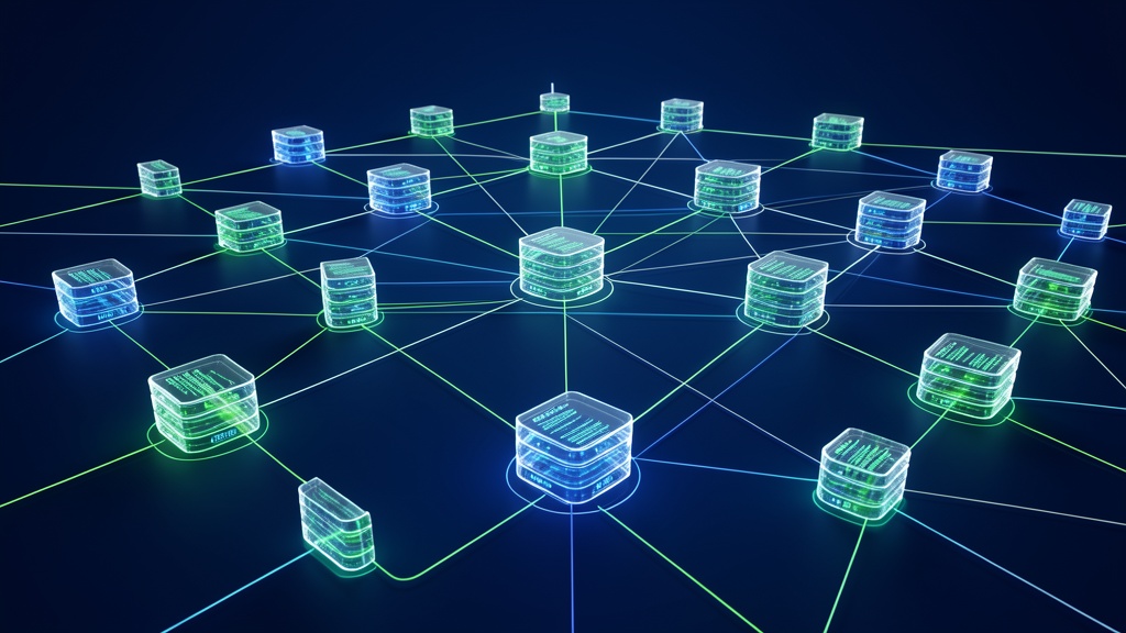 Glowing network of interconnected digital ledger nodes