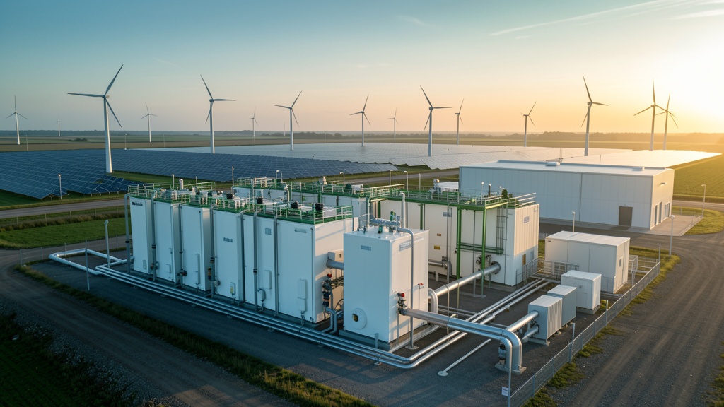 Green hydrogen electrolysis facility with solar panels and wind turbines at sunrise
