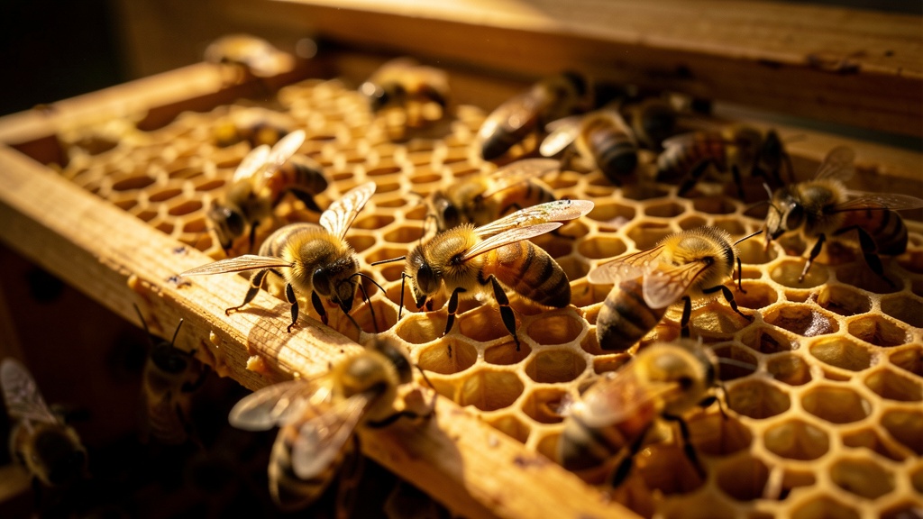 Honeybees on a honeycomb frame inside a wooden beehive