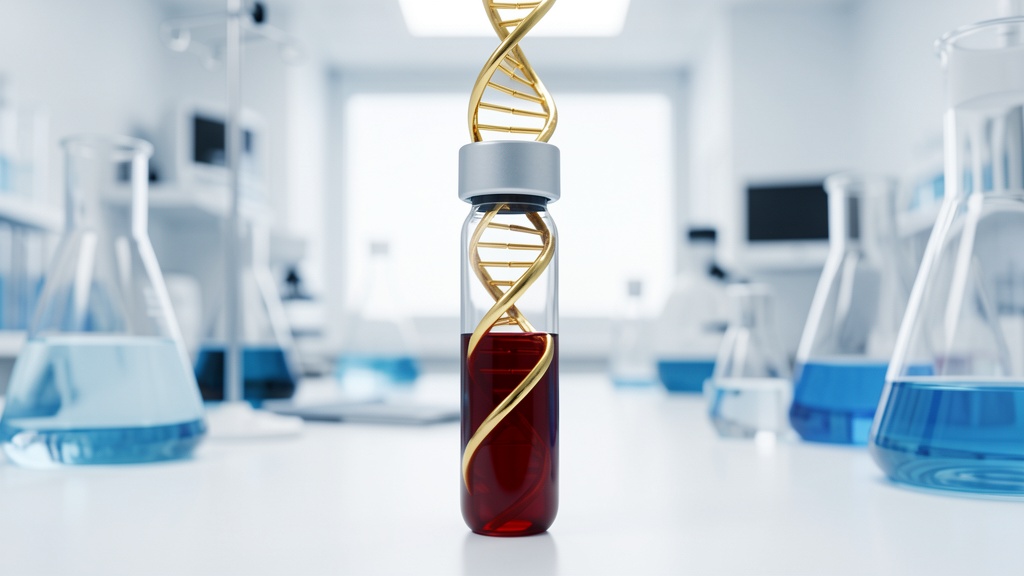 Medical laboratory blood vial with DNA helix visualization