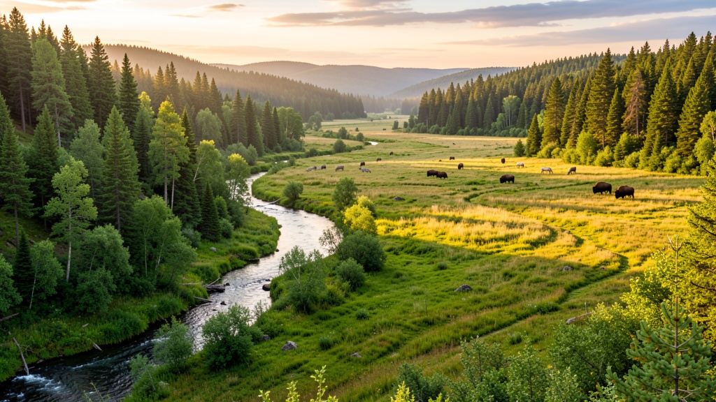 A rewilded landscape with wolves, bison, and a winding river at golden hour
