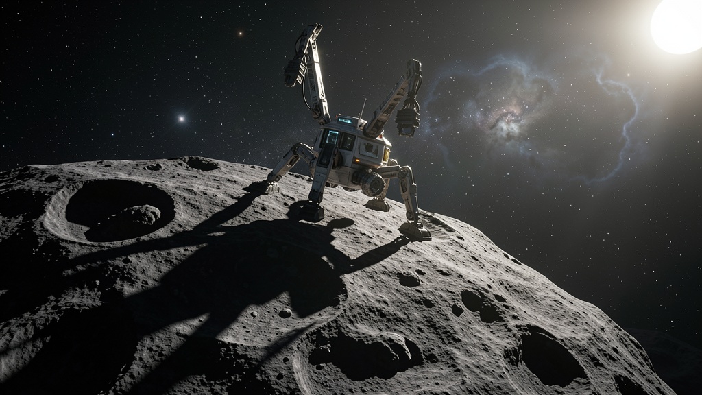 Robotic mining spacecraft approaching a dark asteroid in deep space