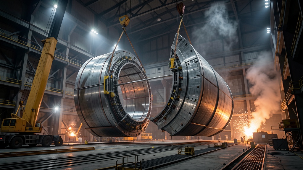 A tokamak fusion reactor vacuum vessel being assembled in a massive industrial hall