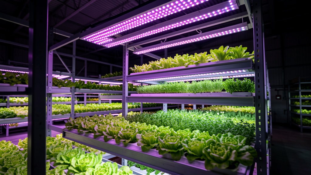 Rows of lettuce and herbs growing under purple-pink LED lights in a modern vertical farm facility