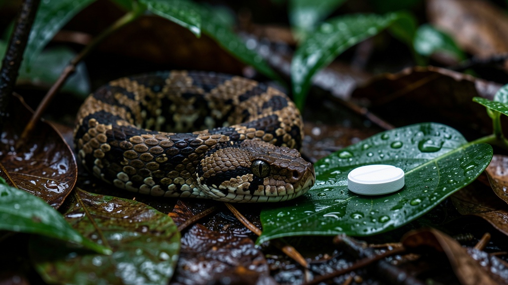 Brazilian lancehead viper coiled beside a pharmaceutical pill